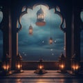 StojÃâ¦ce na balkonie palÃâ¦ce siÃâ¢ lampiony, nocne, zachmurzone niebo. Lantern as a symbol of Ramadan for Muslims